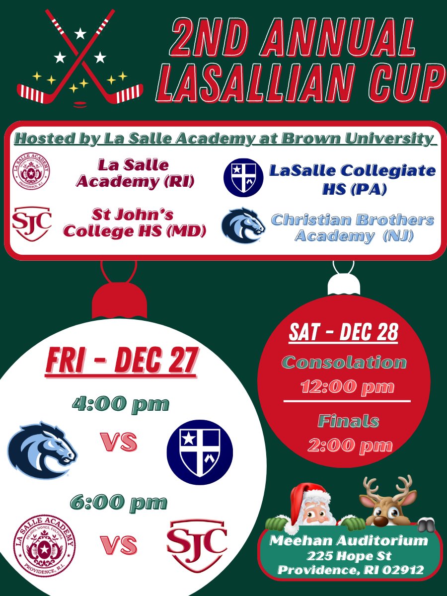 2nd Annual LaSallian Cup hosted by LaSalle Academy starts tomorrow at Brown University… Free admission to the public… <a href="/CBAColtsHockey/">CBA Colts Hockey</a> <a href="/lschs/">La Salle College High School</a> <a href="/LsaMensHockey/">LaSalle Men’s Hockey</a> <a href="/LSAathletics/">LaSalleRIAthletics</a> <a href="/HNIBonline/">Hockey Night</a>