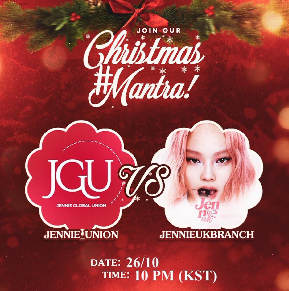 JennieUKbranch's tweet photo. 🎄Christmas with Mantra!
Day1 Streaming Battle Starts Now!
Team #JUK Drop your streaming proof of #JENNIE #Mantra our post below. Spotify, Apple music or any music platform
⏰ Time: 10PM - 12AM KST
🏆 Winner: Team with more replies with streaming proof! https://t.co/ALtm1RjswB