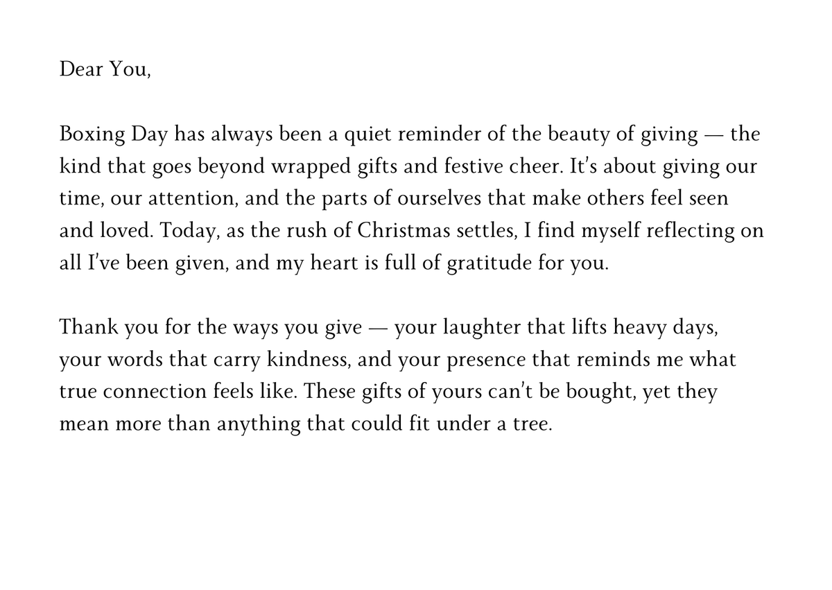 latoria_ria's tweet photo. May the gratitude we share today carry us gracefully into the year ahead.
#Day26 #31DaysChallenge #HeartfeltMessages #NewBeginnings #WritingChallenge2024 #DecemberVibes #LaunchJourney #CardsForAllOccasions
#Latoria https://t.co/RW3zi1awSZ