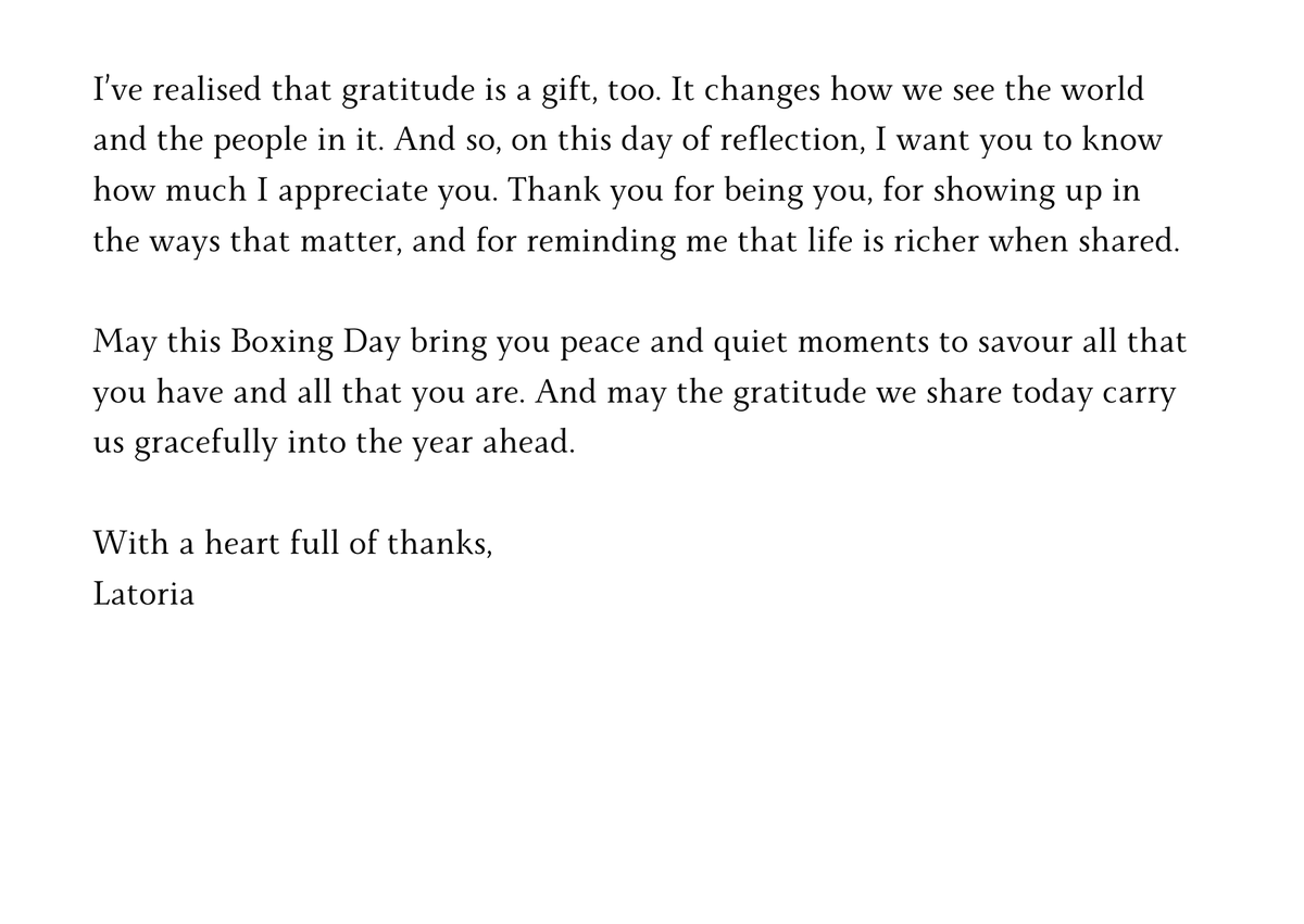 latoria_ria's tweet photo. May the gratitude we share today carry us gracefully into the year ahead.
#Day26 #31DaysChallenge #HeartfeltMessages #NewBeginnings #WritingChallenge2024 #DecemberVibes #LaunchJourney #CardsForAllOccasions
#Latoria https://t.co/RW3zi1awSZ