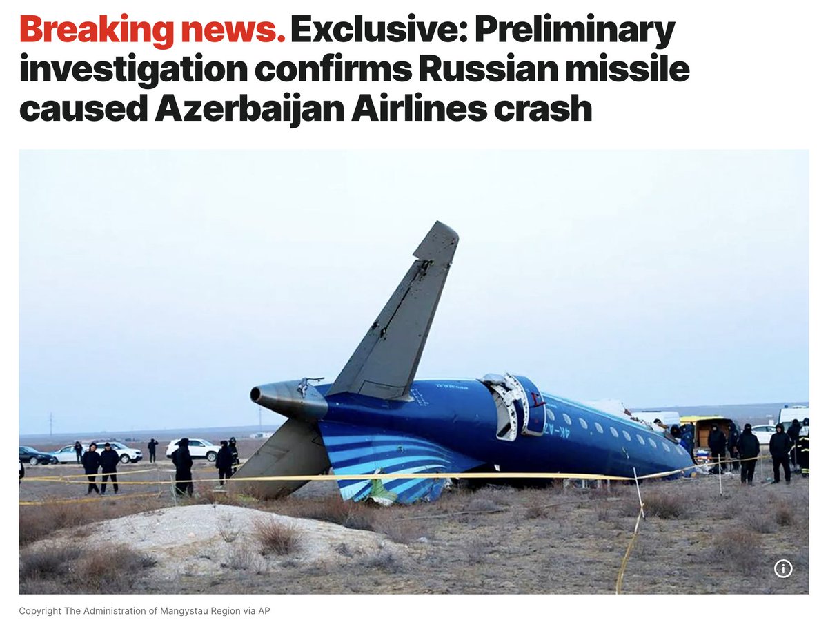 Azerbaijani government sources have confirmed that Flight 8432 of the Azerbaijan Airlines was shot down by a Russian missile. This was reported by Euronews.

And this isn't even everything. According to Azeri government sources the damaged aircraft was not allowed to land at any