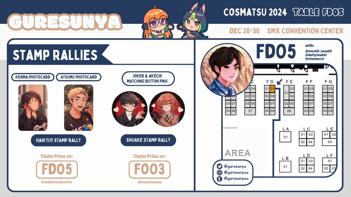 guresunya's tweet image. [RTs🤍]

My catalog for #CosMatsu2024 🫶 I'll be at booth FD05 w/ @Chi2Chu_art @viennexxi @deitytsukki

📍 Dec 28-30
✨️ Genshin, Persona, SVT, SKZ, Haikyuu

Check out our HQ &amp;amp; shuake stamp rally too! 🙈

(DM for reservations 💌)

#CosplayMatsuri2024
#FanFairatCosplayMatsuri2024