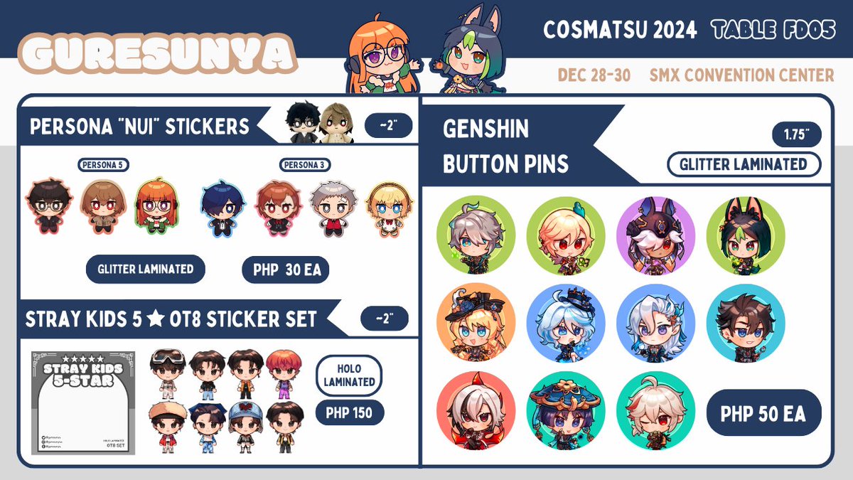guresunya's tweet image. [RTs🤍]

My catalog for #CosMatsu2024 🫶 I'll be at booth FD05 w/ @Chi2Chu_art @viennexxi @deitytsukki

📍 Dec 28-30
✨️ Genshin, Persona, SVT, SKZ, Haikyuu

Check out our HQ &amp;amp; shuake stamp rally too! 🙈

(DM for reservations 💌)

#CosplayMatsuri2024
#FanFairatCosplayMatsuri2024