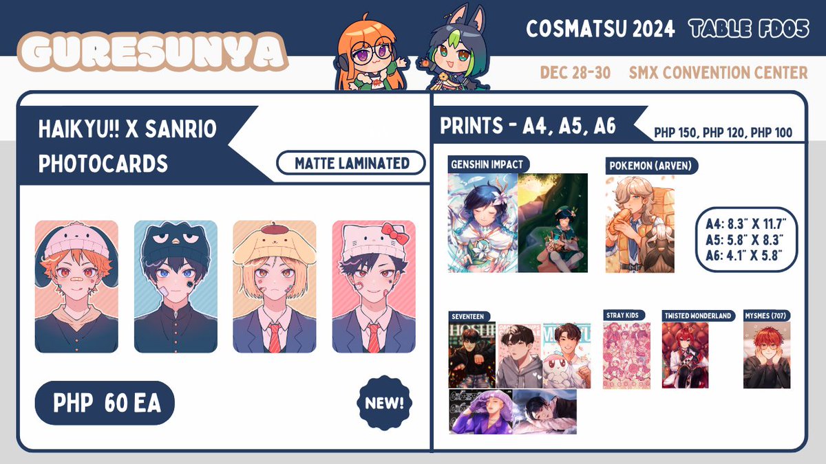 guresunya's tweet image. [RTs🤍]

My catalog for #CosMatsu2024 🫶 I'll be at booth FD05 w/ @Chi2Chu_art @viennexxi @deitytsukki

📍 Dec 28-30
✨️ Genshin, Persona, SVT, SKZ, Haikyuu

Check out our HQ &amp;amp; shuake stamp rally too! 🙈

(DM for reservations 💌)

#CosplayMatsuri2024
#FanFairatCosplayMatsuri2024
