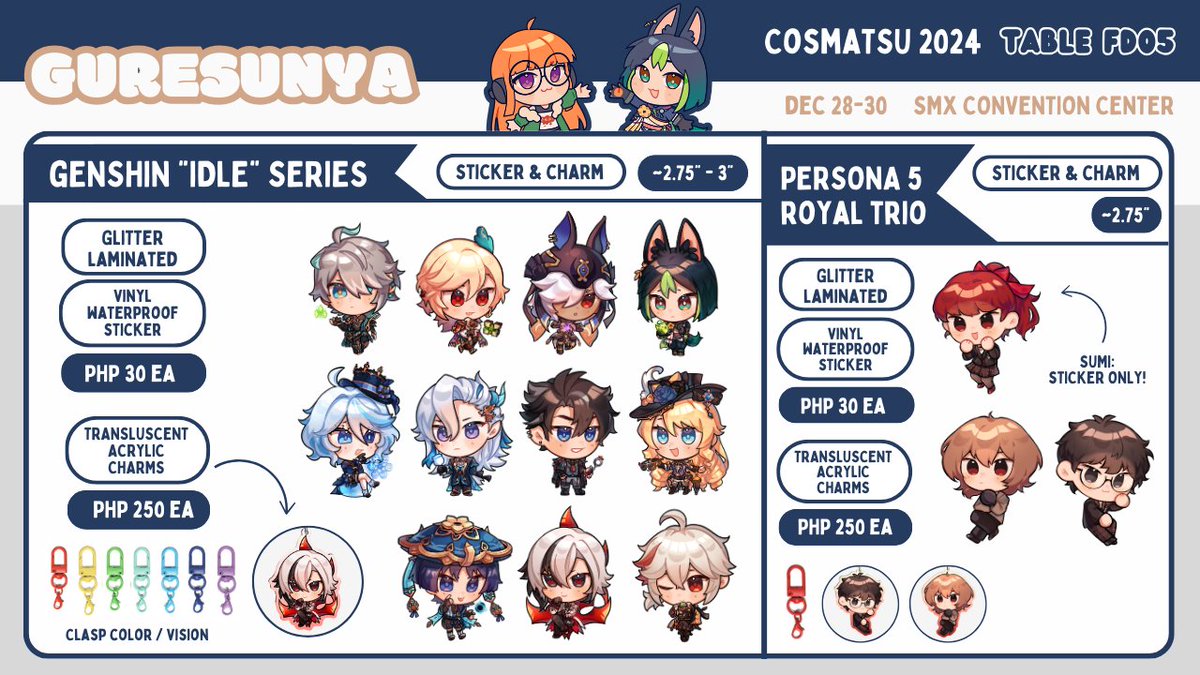 guresunya's tweet image. [RTs🤍]

My catalog for #CosMatsu2024 🫶 I'll be at booth FD05 w/ @Chi2Chu_art @viennexxi @deitytsukki

📍 Dec 28-30
✨️ Genshin, Persona, SVT, SKZ, Haikyuu

Check out our HQ &amp;amp; shuake stamp rally too! 🙈

(DM for reservations 💌)

#CosplayMatsuri2024
#FanFairatCosplayMatsuri2024
