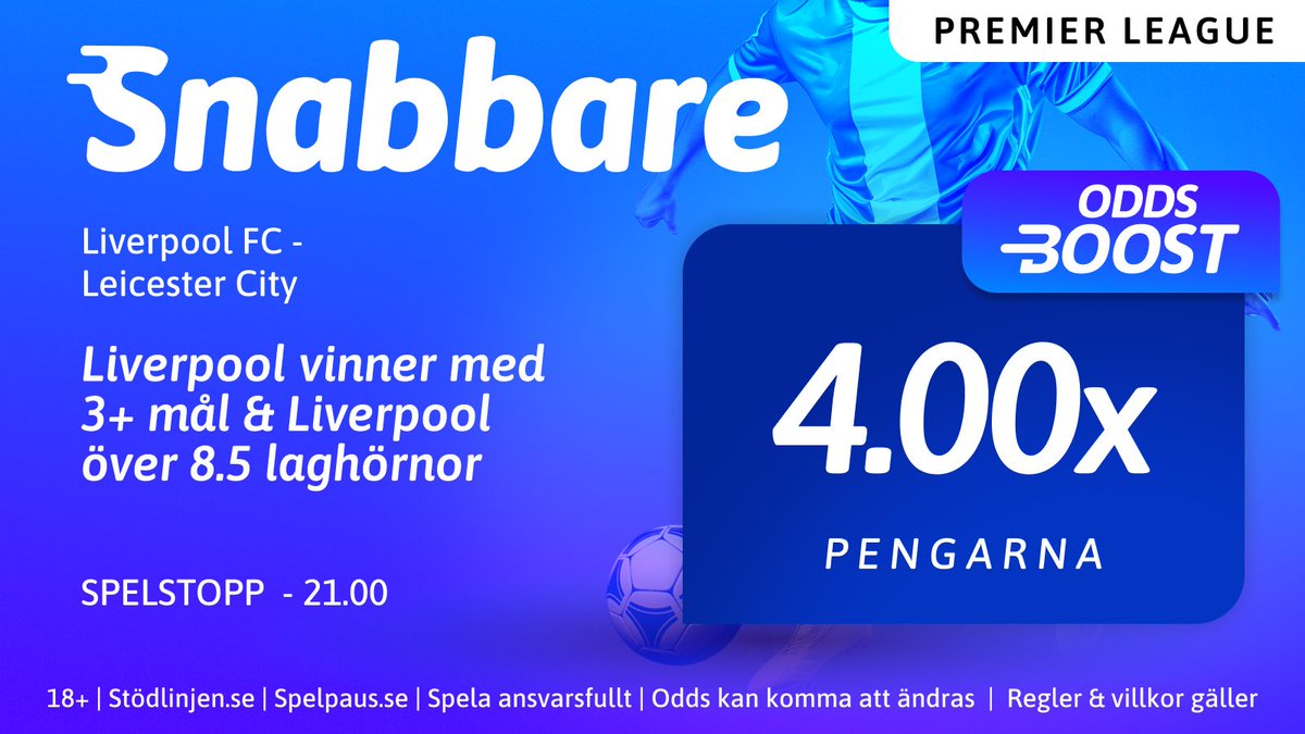 Snabbare's tweet photo. Mäktiga Boxing Day! 🎁⚽️

Annandagen avslutas på bästa sätt med att serieledaren Liverpool tar emot Leicester. Seger för "The Reds" med över 3 mål och totalt 8,5 hörnor ger 4.00 i odds! 💪🏴󠁧󠁢󠁥󠁮󠁧󠁿

👉 https://t.co/RrBZzdfRI2

18+ | https://t.co/3RTjHnsoPa | https://t.co/p0oRCf0ZNl https://t.co/gVjlyUyYcP