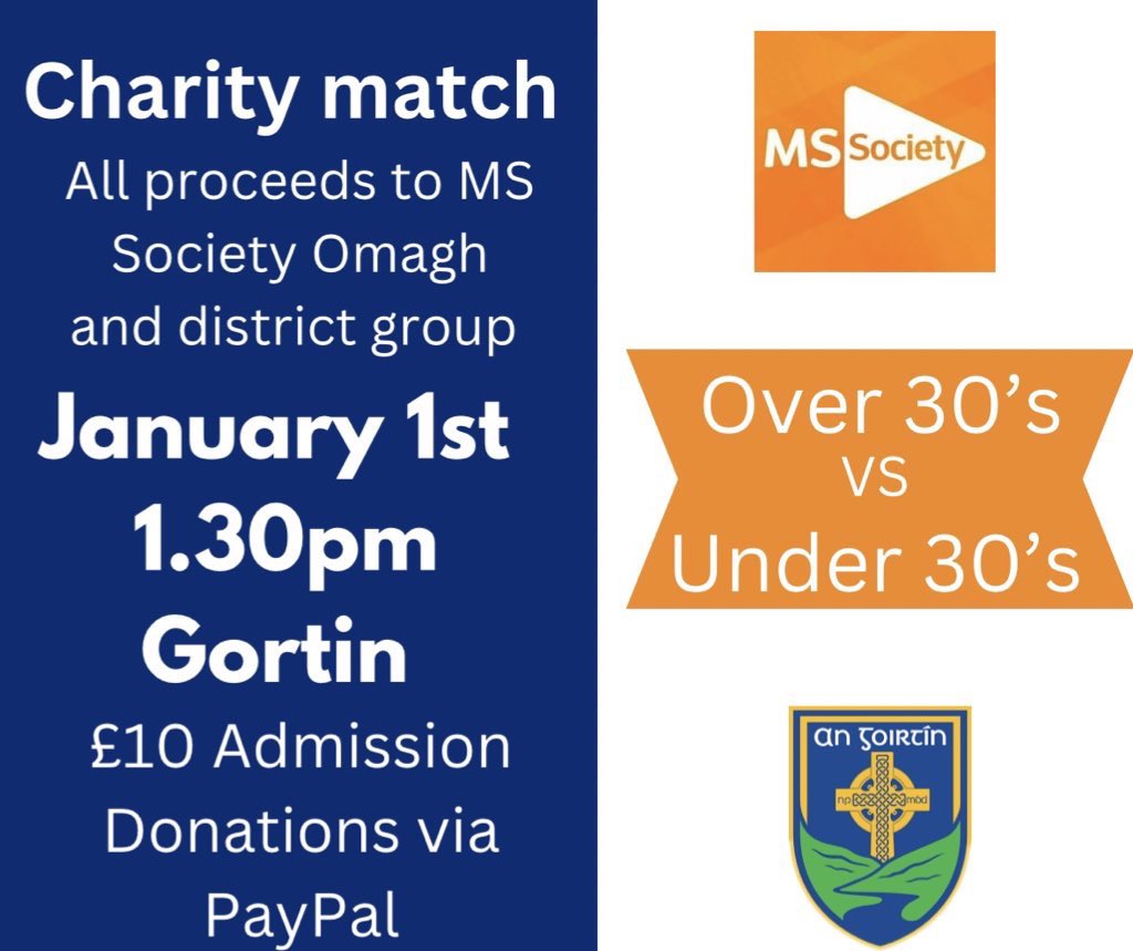 Gortin GAC (@gortingaa) on Twitter photo Senior men’s charity match in aid of <a href="/mssocietyNI/">MS Society NI</a>
Less than a week until our senior men’s charity game!
Cant make it? Donate via PayPal paypal.me/GortinGFC and select family and friends.
There will be tea and refreshments in the clubrooms after the game! Senior men’s charity match in aid of <a href="/mssocietyNI/">MS Society NI</a>
Less than a week until our senior men’s charity game!
Cant make it? Donate via PayPal paypal.me/GortinGFC and select family and friends.
There will be tea and refreshments in the clubrooms after the game!