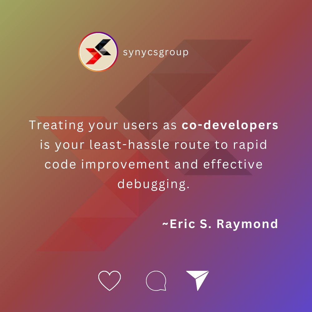 SynycsGroup's tweet photo. Your users are your greatest allies in crafting better software. Embrace their feedback for faster improvements and smarter debugging! 🤝💡Happy Weekend🎉

#SynycsGroup #developerinspiration #developerquotes #BridgingTheGap #InnovationWeekend #MotivationalQuotes #CodeImprovement https://t.co/XKFwa12btV