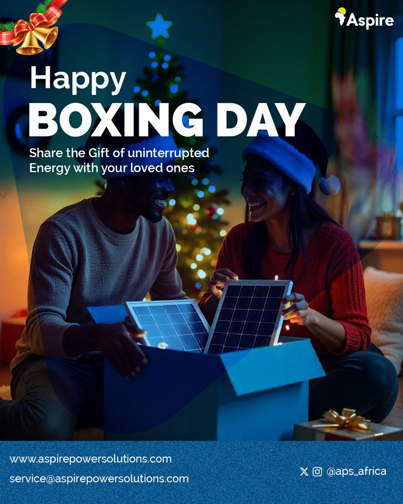 Share the gift of uninterrupted energy with your loved ones this season 🎁🎄

Click on this link zfrmz.com/fAPk4Wj9AG6q8O… and let’s get you started.

HAPPY BOXING DAY 🎄🥳🎁

#aspirepowersolutions #abetterenergyexperience #solarcompany #solarcompanyinlagos