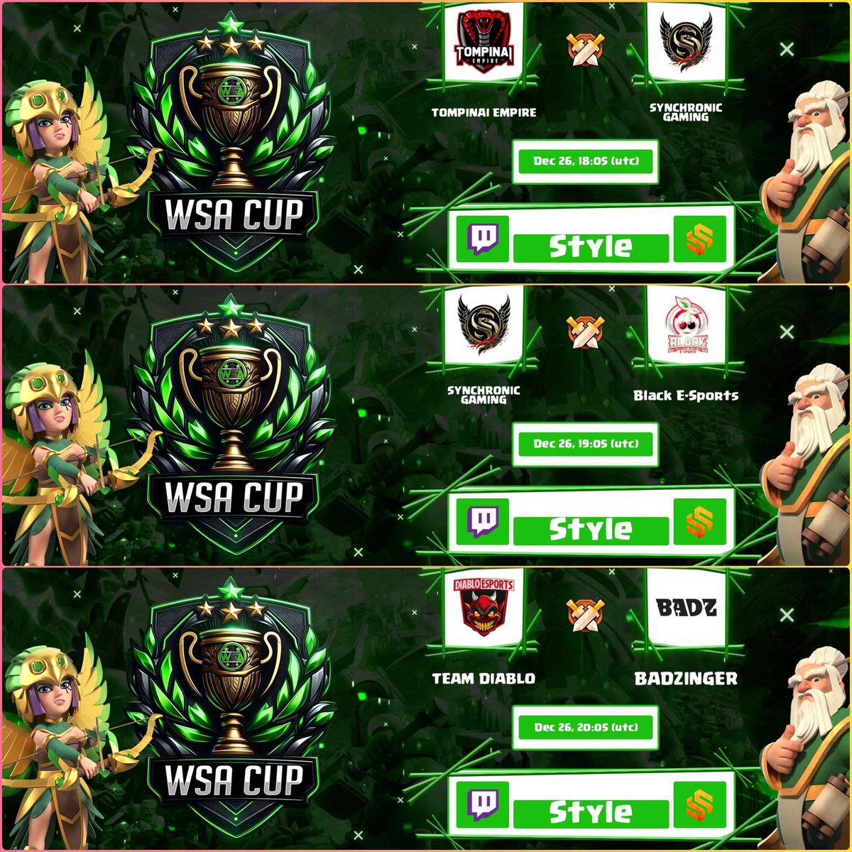 J U E V E S ! 🥳

Volvemos a los Streams y mammita lo que traemos! 😍

🏆 WSA Cup

✅ Tompinai Empire 🆚 Synchronic
✅ Synchronic 🆚 Black E-Sports
✅ Team Diablo 🆚 Badzinger

🎁 Sortearemos todo lo que quedó pendiente de sortear!

19:00🇪🇸 15:00🇦🇷 12:00🇲🇽

🖥️