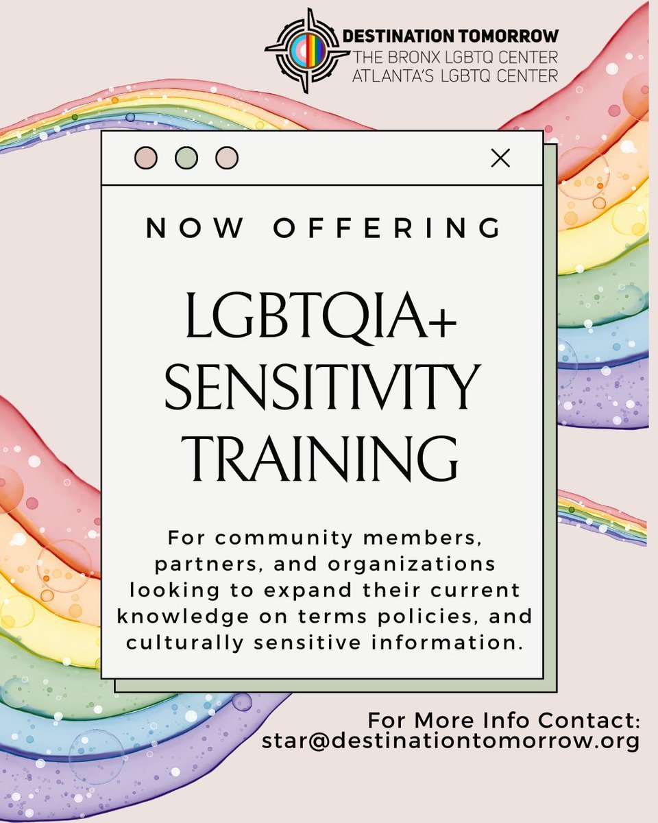 Destination Tomorrow (@dest2morrow) on Twitter photo ๐ Destination Tomorrow is now offering FREE LGBTQIA+ Sensitivity Trainings! ๐ Perfect for community members, partners, and organizations looking to expand their knowledge on terms, policies, and culturally sensitive info.
Interested? Email Star at star@destinationtomorrow.org ๐ Destination Tomorrow is now offering FREE LGBTQIA+ Sensitivity Trainings! ๐ Perfect for community members, partners, and organizations looking to expand their knowledge on terms, policies, and culturally sensitive info.
Interested? Email Star at star@destinationtomorrow.org