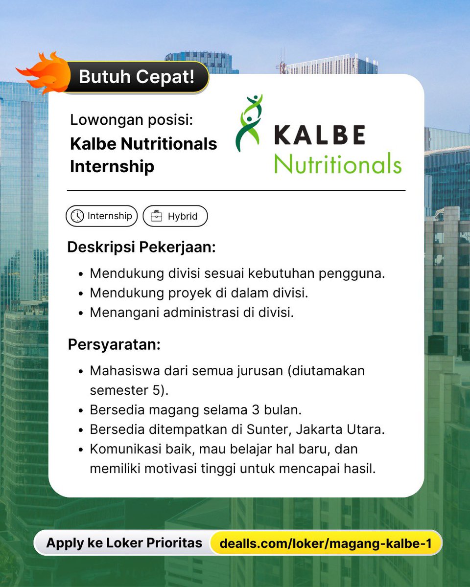 ‼️ Loker Magang di KALBE Nutritionals‼️

Yuk bergabung dg KALBE Nutritionals! Dapatkan pengalaman bekerja langsung dg tim profesional dan mulai bangun karier impianmu. 💼🔥

Seluruh proses seleksi GRATIS.

Daftar segera di sini:
🚀 dealls.com/loker/magang-k…

#magang #magangupdate