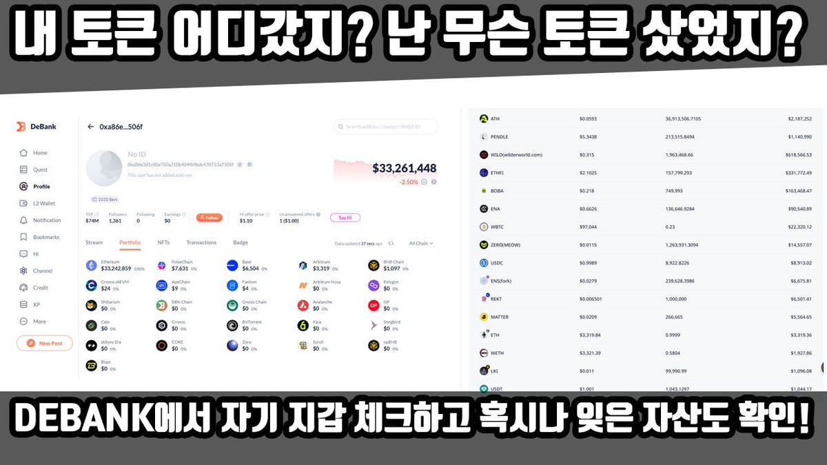 BQYouTube's tweet photo. 코린이 필수과정 - 무슨 코인 샀었지? 어디체인에 있었지? 옛날에 샀던건 어디갔지? DEBANK 활용편 안보면 나만 손해

가끔씩 

"제 코인이 어디갔는지 모르겠어요"

"옛날에 샀던 코인이 아직 지갑에 있는건지 어떻게 알죠" 

"아 토큰 하나하나 추가하기 너무 힘들어요" 

등등과 같은 질문들을 받고는 하는데

이를 다 해결해줄 Debank! 

크립토 좀 해보셨던 분들이라면 다 아는 Debank이지만

은근 모르시는 분들이 많은 것 같아서 올립니다. 

무료웹사이트고, 지갑 주소만 입력하면 EVM 모든 체인들의 자산 현황 + 어떤 토큰을 들고 있는지까지 다 표기해줍니다 

현재 지갑처럼 (제 지갑 아님, 아서헤이즈꺼임)

어떤 체인에 얼마가 들어가있고, 어떤 토큰들이 있는지 한눈에 다 정리해주니

내가 잊어버린 자산이나, 내 토큰이 어디있는지 모르겠으면 잘 활용하시길 바랍니다!

추가로 토큰 클릭하면 CA주소도 뜨기에 그냥 추가할 수 있음! 

Debank에서 내 지갑에 뭐 있는지 확인하러가기 (https://t.co/pzpcfyERnA)

조금 번외로 초보자분들은 그냥 OKX 지갑에 메타마스크 시드키로 연결하면 OKX에서 알아서 자산 다 표기해준다는 사실 🤩

하트와 좋아요는 비큐 컨텐츠의 큰 힘이 됩니다 🤩

#코린이 #자산찾기 #잊어먹었던밈코찾고대박나세요 #Debank @DeBankDeFi