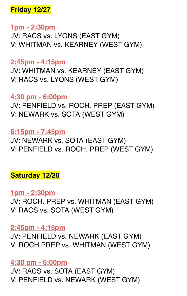 Schedule for games Friday and Saturday at Penfield.