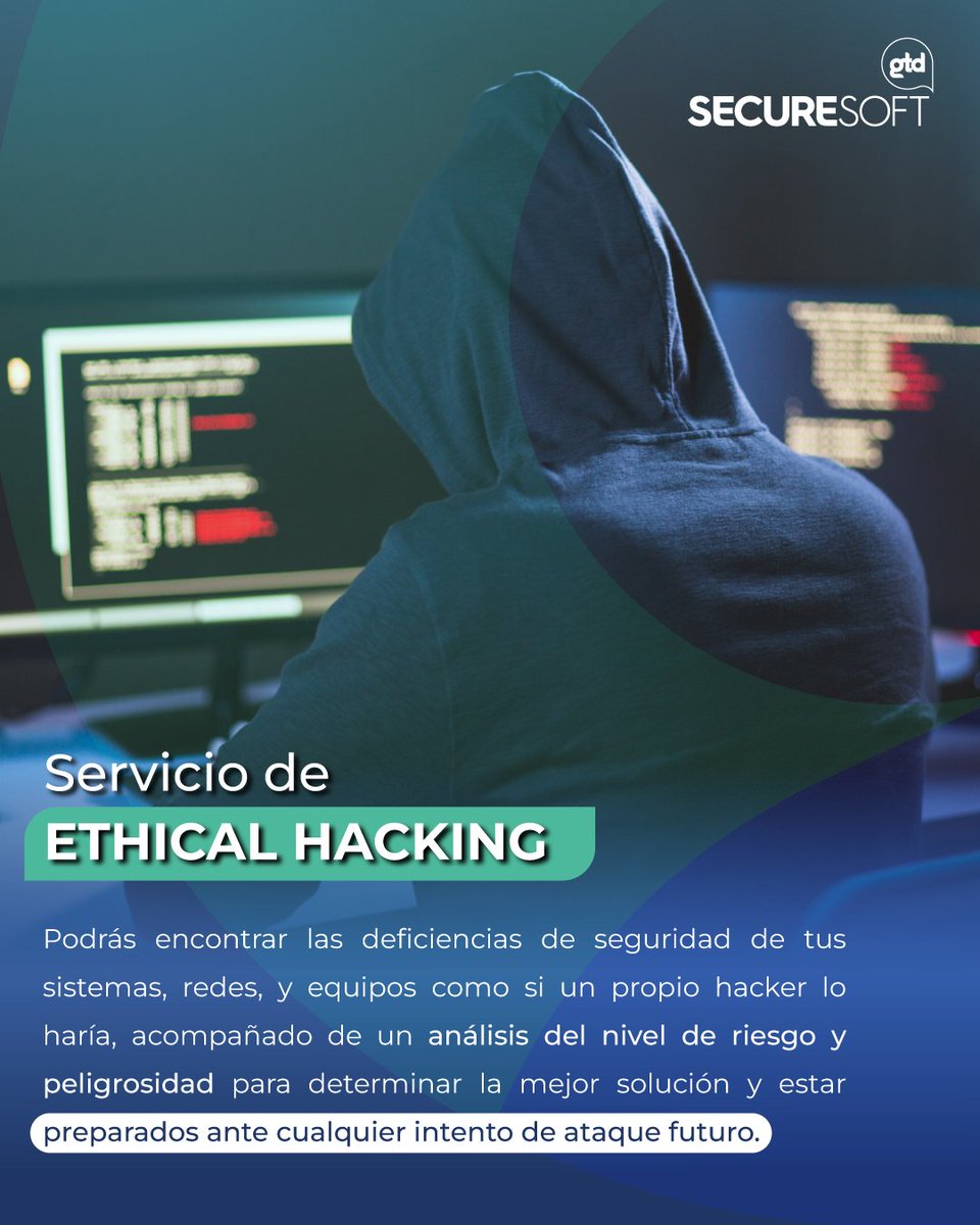 _SecureSoft's tweet photo. [ SERVICIO DE ETHICAL HACKING ]
✅ Anticipa y averigua si tus sistemas tienen alguna deficiencia de seguridad.

👉Consulta más:
🌐 https://t.co/SltJR7XnmY
✉️ ventas@securesoftcorp.com

#SECURESOFT especialista en #Ciberseguridad https://t.co/6ca2nFT16B