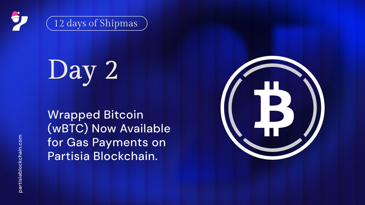 Day 2: Wrapped Bitcoin has officially arrived on Partisia Blockchain! 🥳  You can now bridge wrapped BTC from the Ethereum network and use it for gas  payments! WBTC joins ETH, BNB, POL,