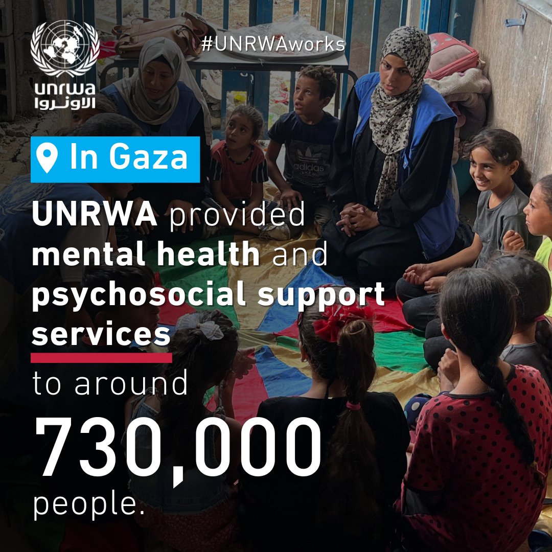 Since the war started in #Gaza, nearly 730,000 people, among them over half a million children, received mental health and psychosocial support services from UNRWA.

#UNRWAworks