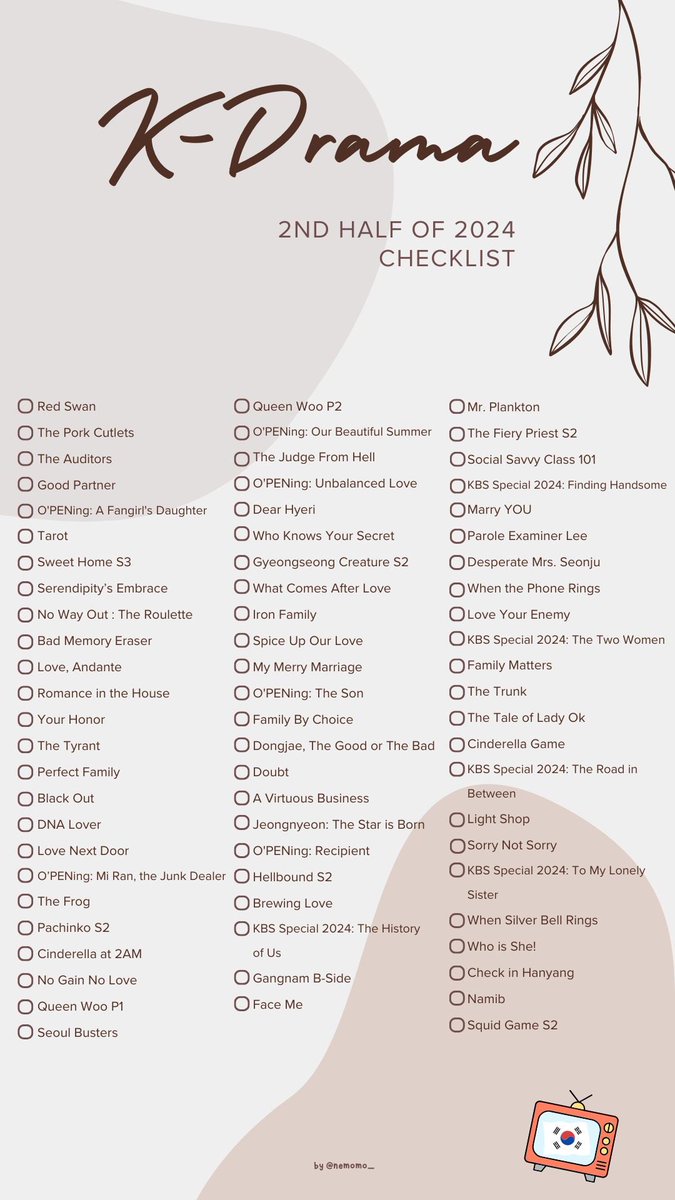 nemomo_'s tweet photo. K-Drama 2024 Checklist

#Kdrama https://t.co/m5JRGaA3us