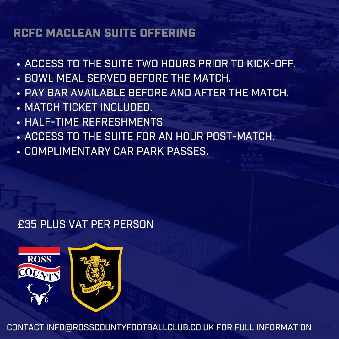 🍽️ We have an exclusive offer available in our Maclean Suite for our Scottish Cup tie against Livingston on January 18th.

Priced at just £35 + VAT, including your ticket, why not experience the match in style!

Contact info@rosscountyfootballclub.co.uk for more information!