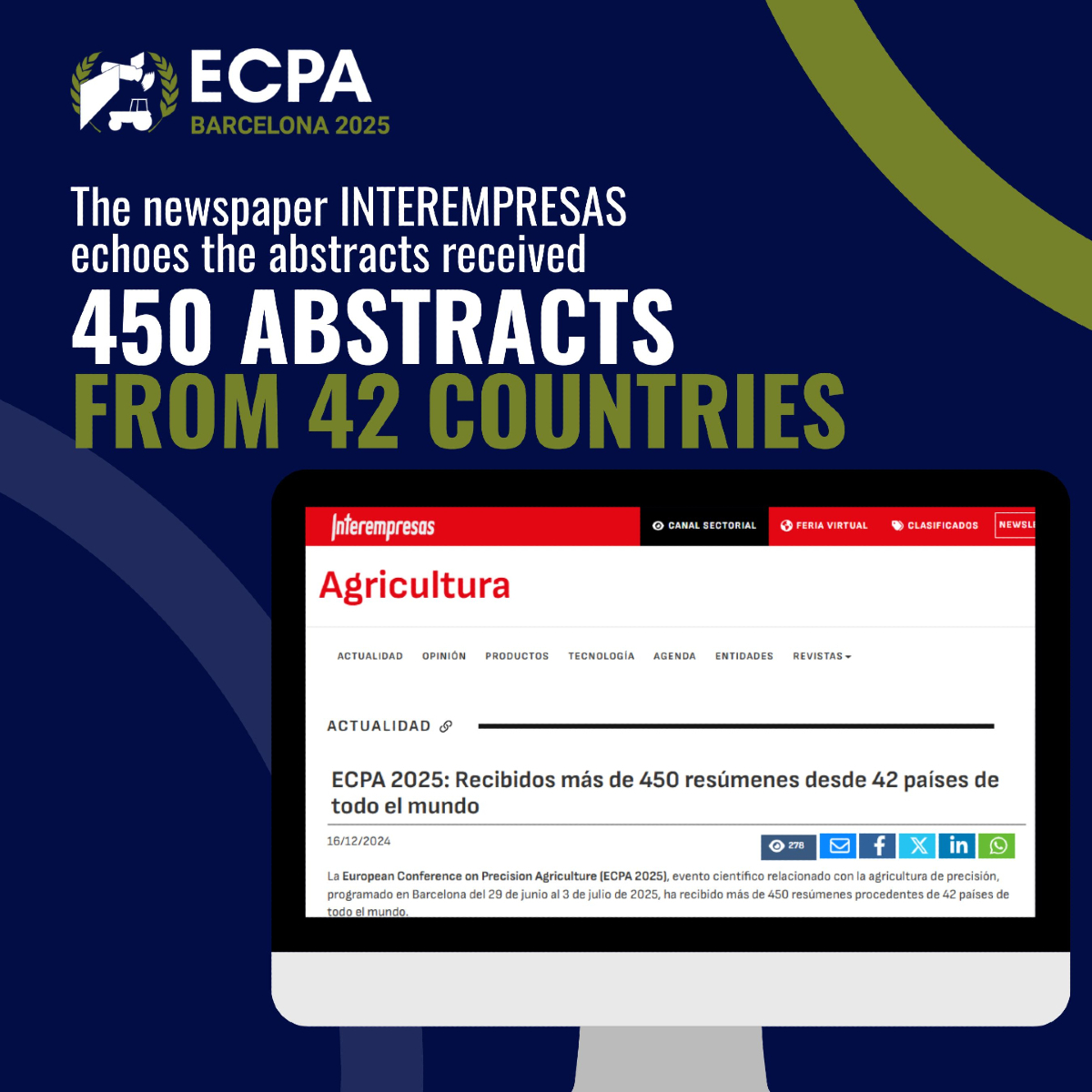The media are highlighting the abstracts received! 📣🗞️

The media outlet Interempresas has featured in one of its articles the 450 abstracts received from 42 countries. 🔝

🔗 You can read the full article here: interempresas.net/Agricola/Artic…