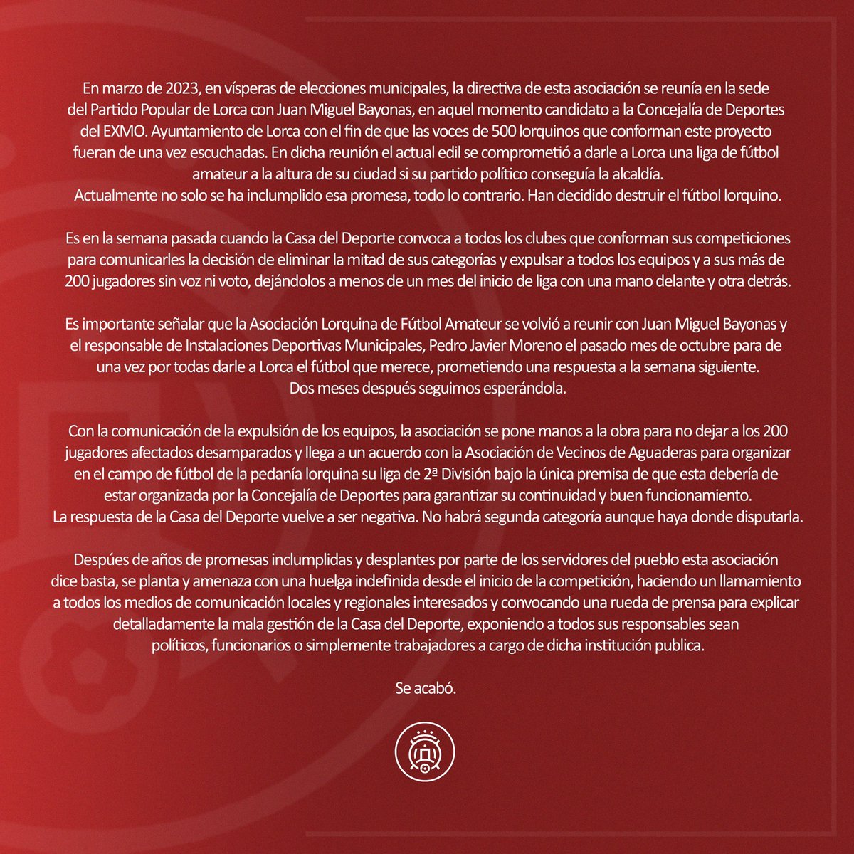 alfa_lorca's tweet image. ❌ Lorca y su fútbol está harta de la nefasta gestión de @DeportesLorca y @JuanmiBayonas

Se acabó.

La Asociación Lorquina de Fútbol Amateur y los lorquinos se plantan.

¡Basta de mentiras!

@AytoLorca y @PPLorca son culpables.

🔄 RT para ayudar a salvar el fútbol del pueblo.