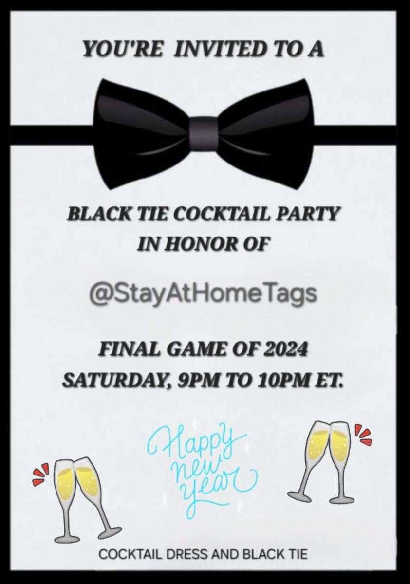 TheDramaMammas's tweet image. 👋 Everyone!!!
@StayAtHomeTags 
And your toasty hosts..
🎉 @telliabear 
🎉 @FluffyTags 
Would like y'all to "Don your fancy duds" and join us for a "Pre New Years Bash!"🥳🥂
Saturday 9pm ET.

You can find us and all scheduled games here 👉 @CalendarGirlBot