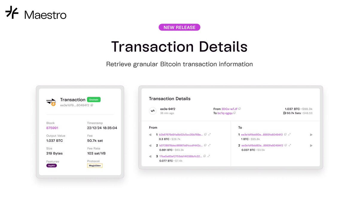 Bitcoin Transaction Details 🚀

Maestro now returns even more granular information about your transaction!
BTC volume, total fees, and script details.

Ideal for building a Blockchain Explorer. Guess who's building one 😉

You can also query transactions by Hash or Hex format 👏