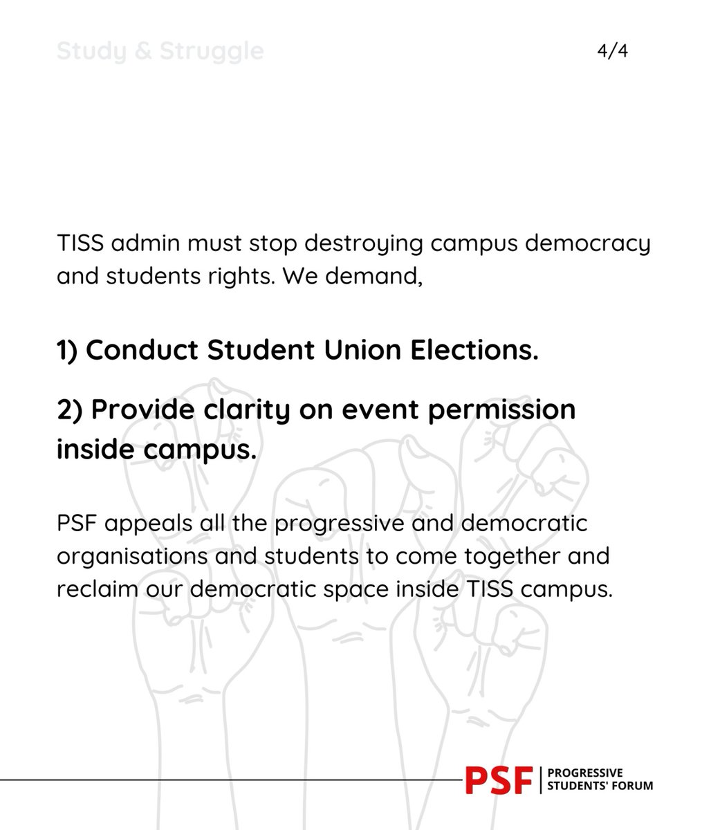 psfspeaks's tweet photo. TISS admin must stop destroying campus democracy and students rights. We demand, 

1) Conduct Student Union Elections.
2) Provide clarity on event permission inside campus. https://t.co/1AlAqkQjRX