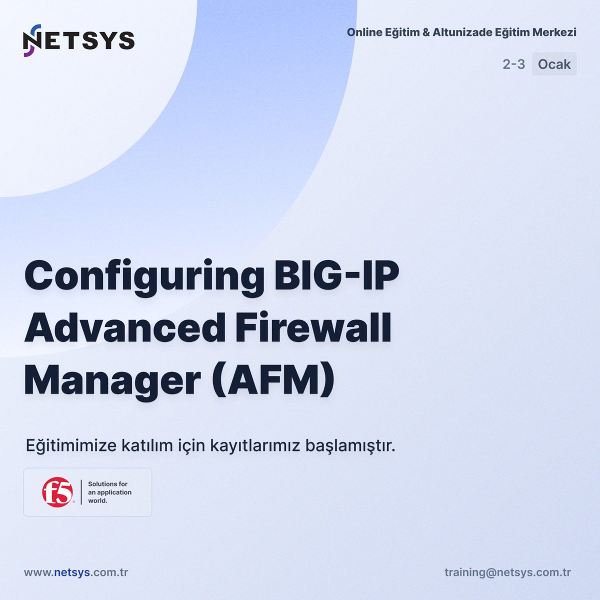 netsysbilisim_'s tweet image. Registration for participation in our Configuring BIG-IP Advanced Firewall Manager (AFM) Training, which will be held from 2 to 3 January 2025, has started.

For registration; training@netsys.com.tr

#NETSYSBilişim #F5 #AFM #CyberSecurity #Training