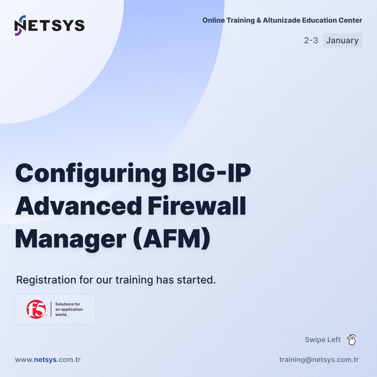 netsysbilisim_'s tweet image. Registration for participation in our Configuring BIG-IP Advanced Firewall Manager (AFM) Training, which will be held from 2 to 3 January 2025, has started.

For registration; training@netsys.com.tr

#NETSYSBilişim #F5 #AFM #CyberSecurity #Training
