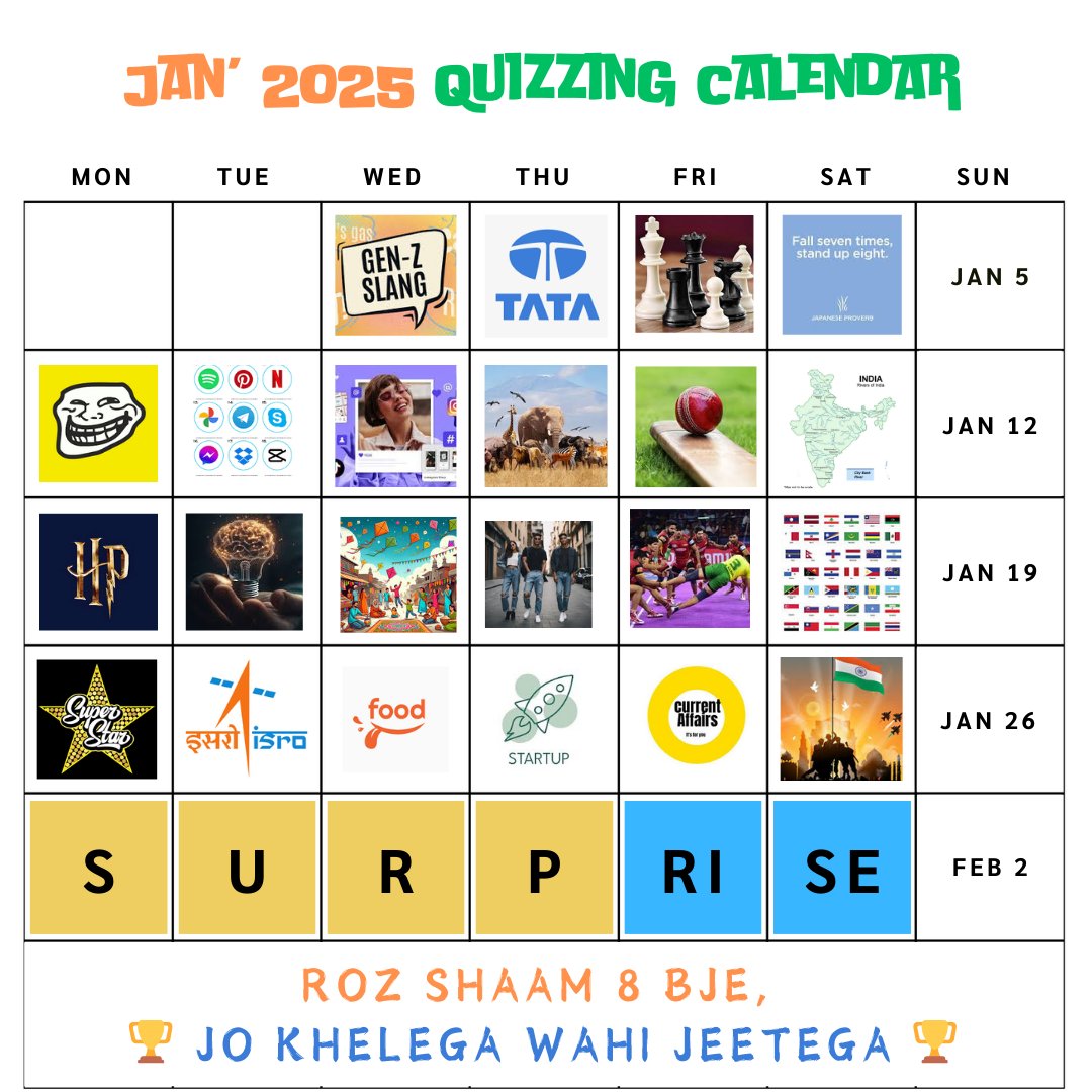 krayonnz's tweet image. Jan 2025 Quizzing Calendar is out 🔥
Tell us in the comment how you feel about the Calendar and also mention what could be that surprise in the last week. Start guessing!
Aur yaad rahe roz shaam 8 bje, Jo Khelega wahi toh Jeetega!
#quiz #quiztime #quizzes #jan #2025 #krayonnz