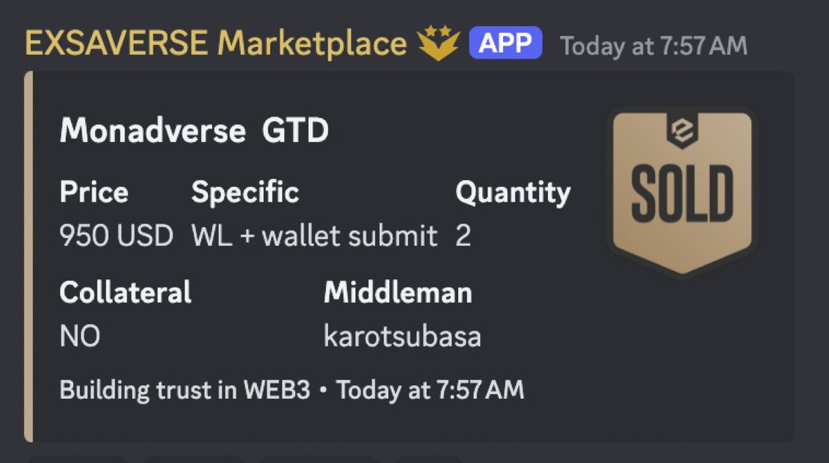 Selling price of @monadverse WL on OTC is $950! Moei is not just  hard-grinding on Monad NFTs but also flooding his fellow fam with free WLs!