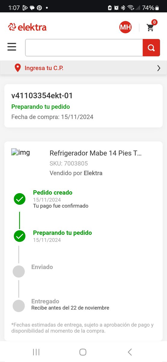 Mark_HDez0's tweet photo. UNA QUEJA @ElektraMx @RicardoBSalinas llevo más de un mes esperando mi producto, su área de logística no resuelve mi situación, mi producto tenia que llegar el 22/11/2024 y es fecha que no llega, me piden otros 7 días, necesito una solución @Profeco terrible experiencia de compra https://t.co/o5OYyxudcp