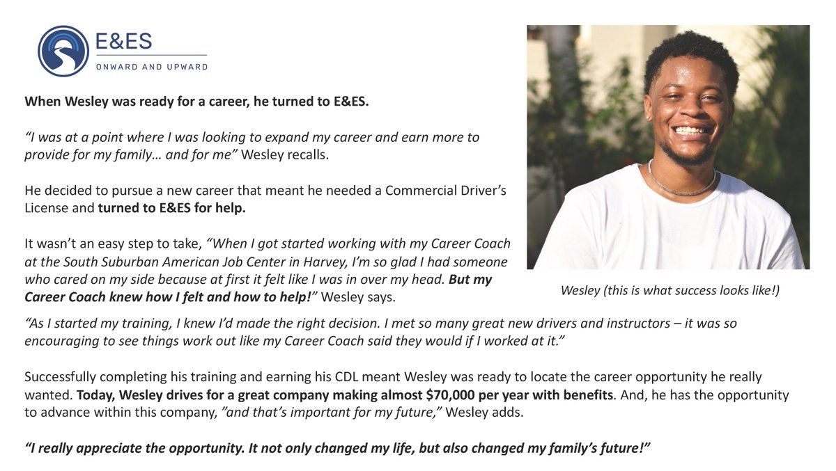 When Wesley was ready for a career, he turned to E&amp;ES. That's because we #chicagoland with personalized career coaching to help you reach your goals. To learn more, click here to get started: ow.ly/SRSp50Q2ozg

#careercoach #jobs #hiring