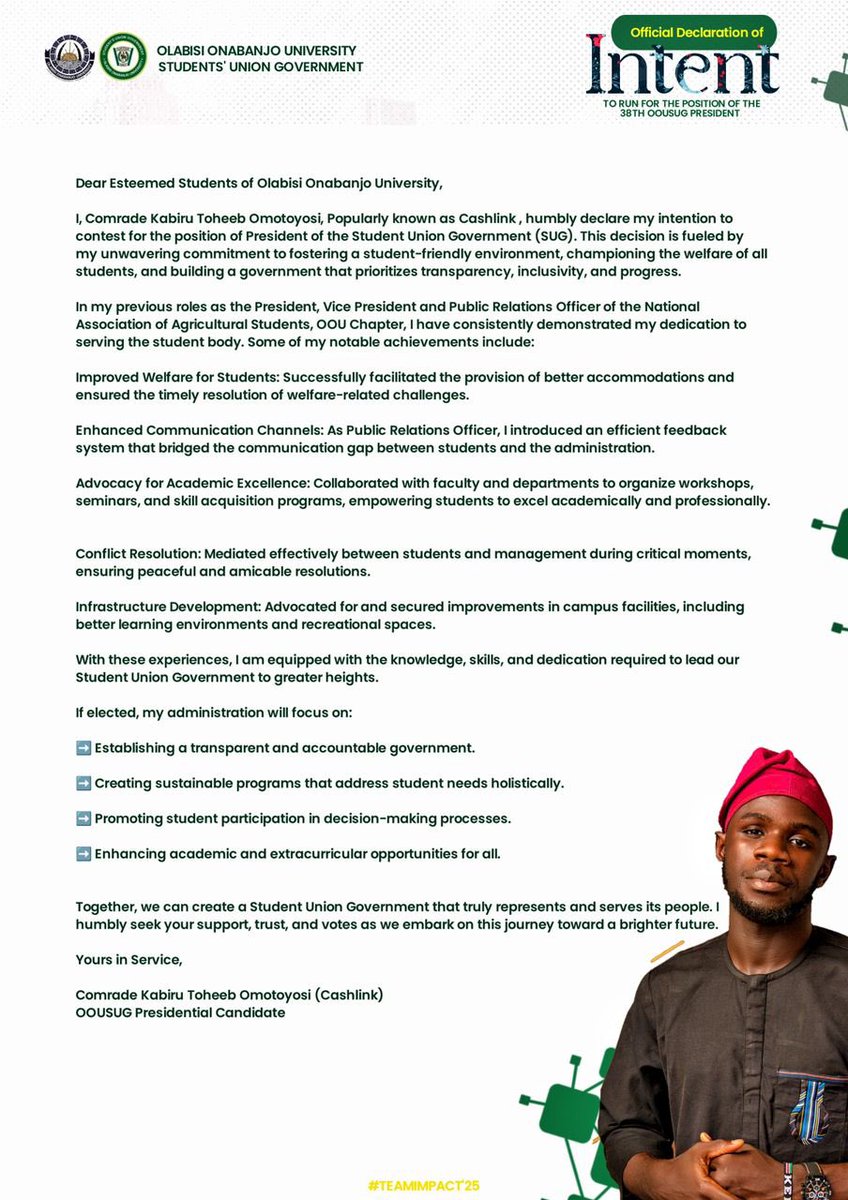 MiideOba's tweet photo. Fellow Great OOUites,

My Brother Comrade CASHLINK @Properogunboy  has formally declare his candidacy for the office of President, Students’ Union Government (SUG) of Olabisi Onabanjo University.

#CASHLINKFOROOUSUGPRESIDENT2025 #IMPACT4+4CAMPUSES https://t.co/eTepY6lZNq