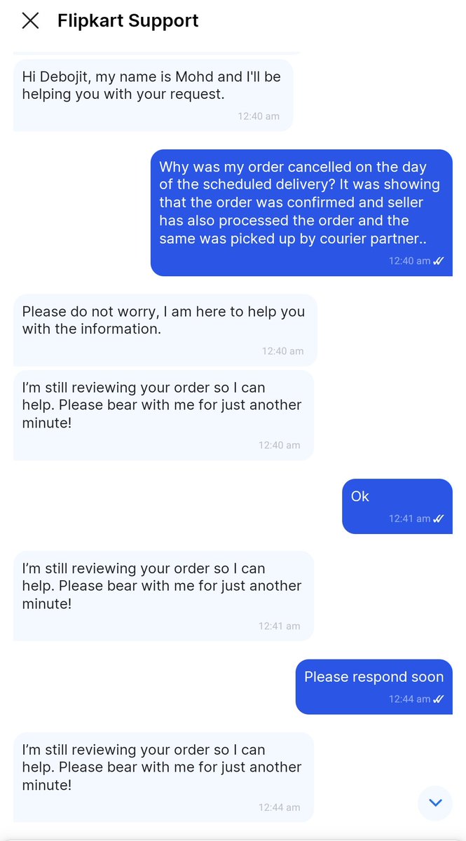 pauldebojit34's tweet photo. @flipkartsupport look at the response of the flipkart support.. waited for reply for 5 mins and the chat was abruptly closed without my information.. such a pathetic service https://t.co/WaQakqvW5H