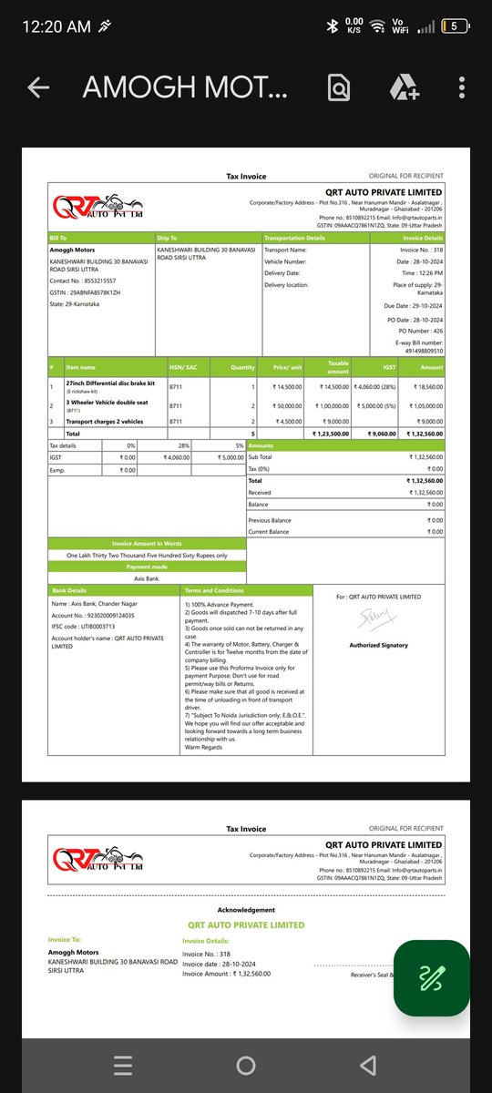 santhoshshebbar's tweet photo. @qrtautoparts fraud company. Take amount, generate invoice and eway bill but materials not dispatched. They also make fake screenshot about refund. Amount will not credited. https://t.co/xUs4cMwnte