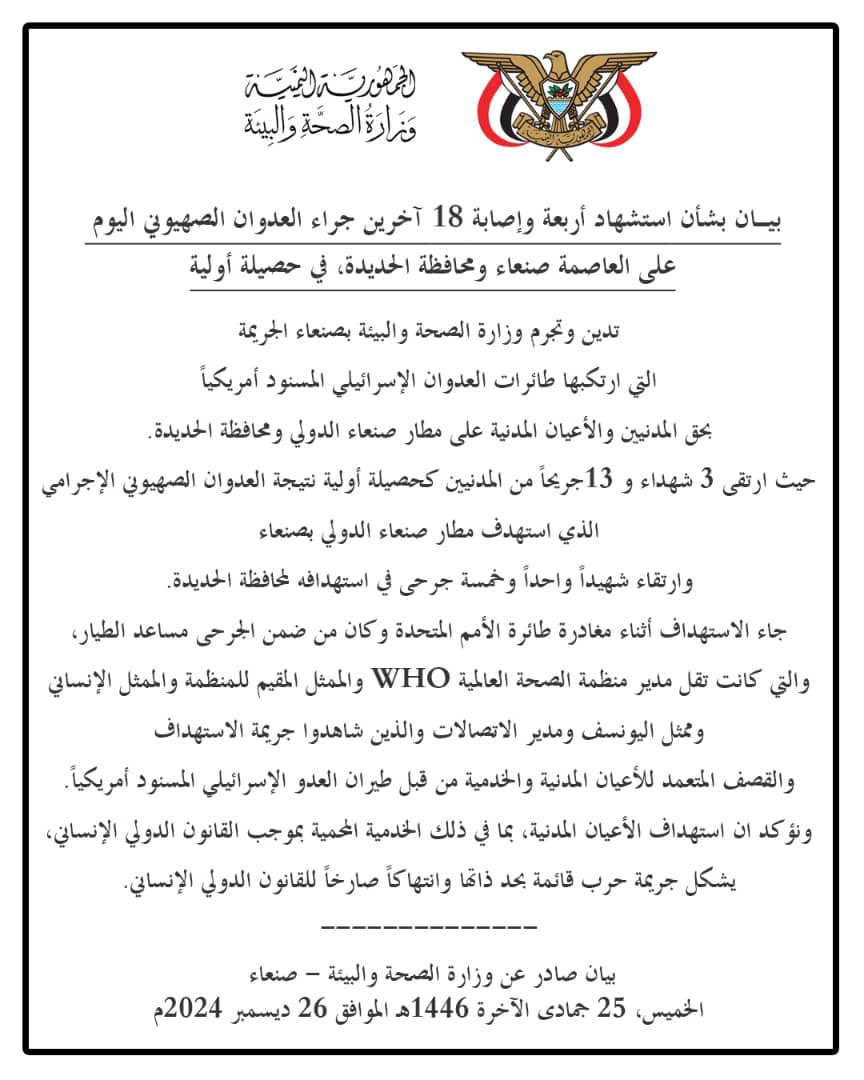 aa88bb0's tweet image. *📰 بيان وزارة الصحة والبيئة بشأن استشهاد أربعة وإصابة 18 آخرين جراء العدوان الصهيوني اليوم، على العاصمة صنعاء ومحافظة الحديدة، في حصيلة أولية*