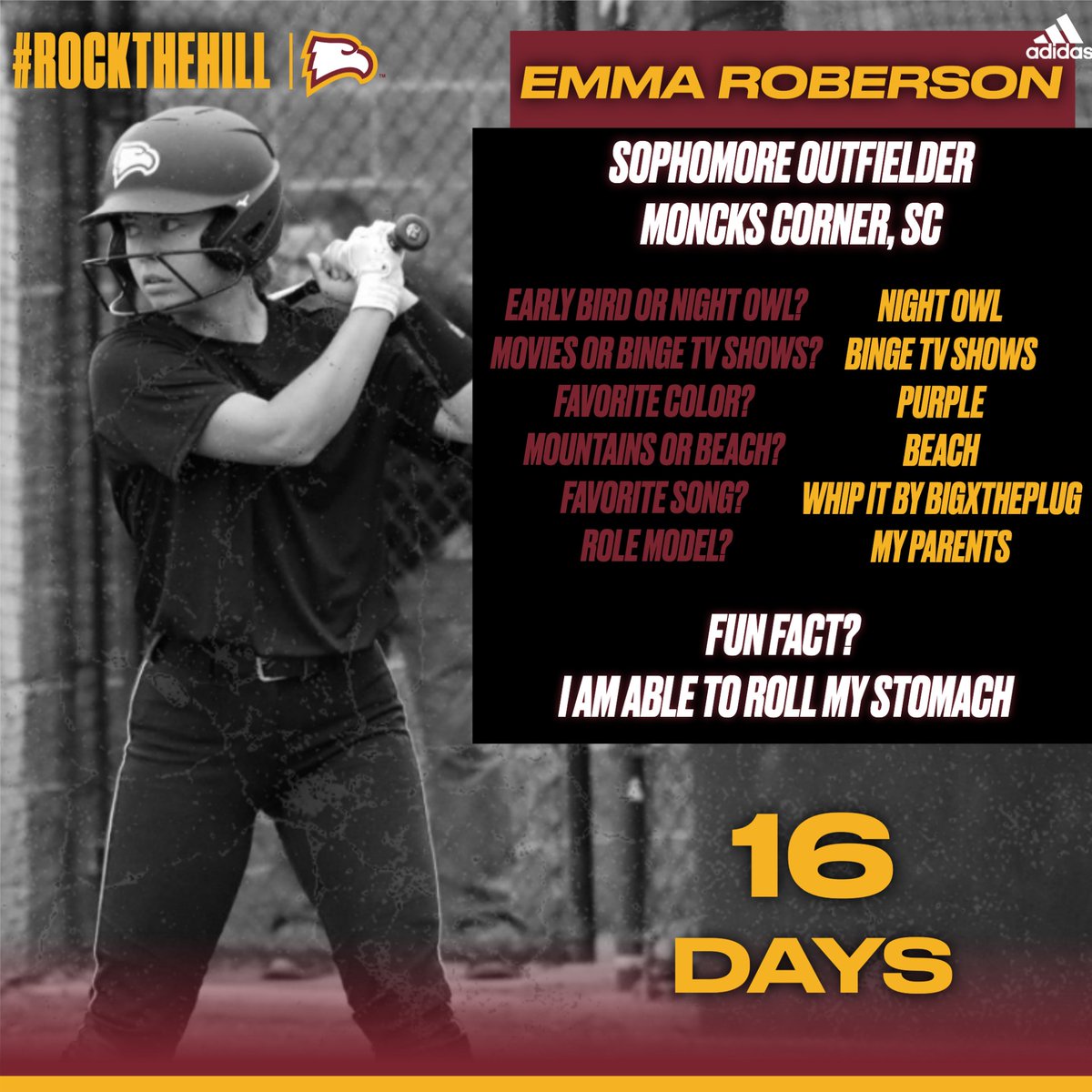 ⁉️Can you believe we're already 16 days away⁉️

We believe you should come to our games this season and meet #1⃣6⃣ Emma Roberson!🦅

#WUon2 | #ROCKtheHILL🤘