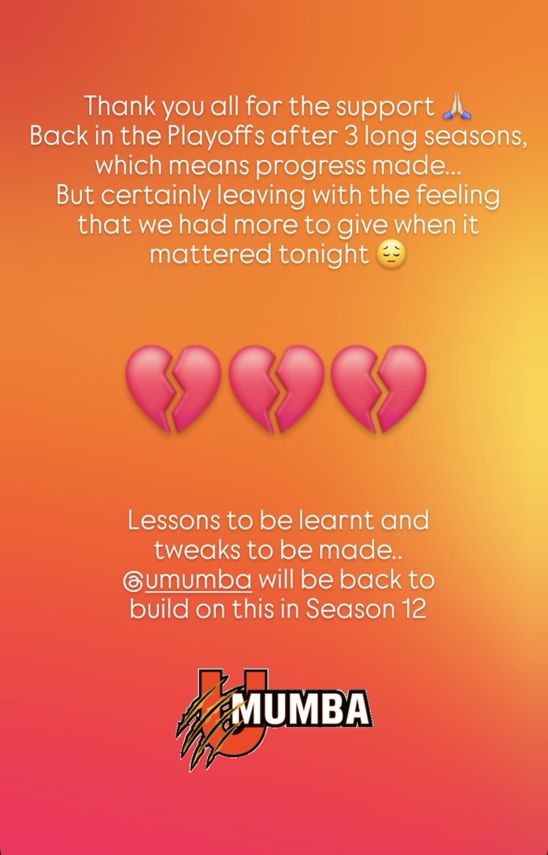 suhailchandhok's tweet image. Thank you for all the support towards our #Mumboys this season...

We'll be back soon 🧡👊🏼
 
#UMumba #Mumbai #ProKabaddi