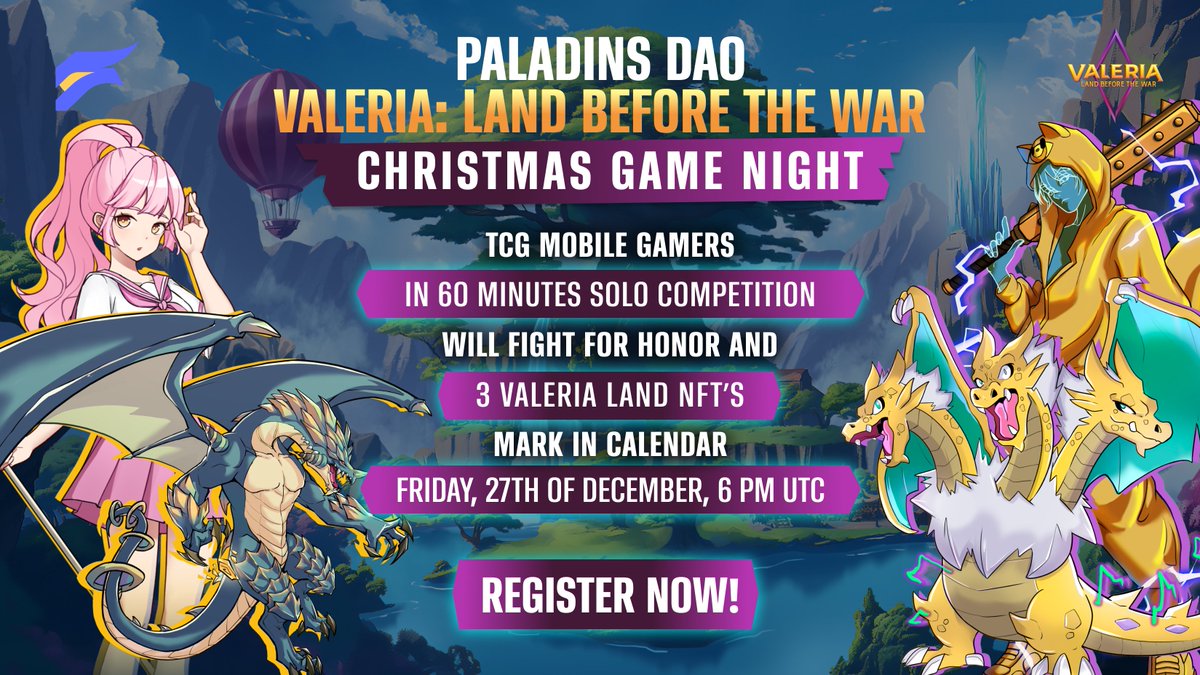 Paladins, Christmas Game Night in <a href="/ValeriaStudios/">Valeria Games</a> calling!  
Mobile gamers and TCG fun assemble

Dive into Valeria: Land Before The War, immerse yourself in this innovative creature-collecting game where you own your in-game assets. 

Play with us in PvP madness where through 60