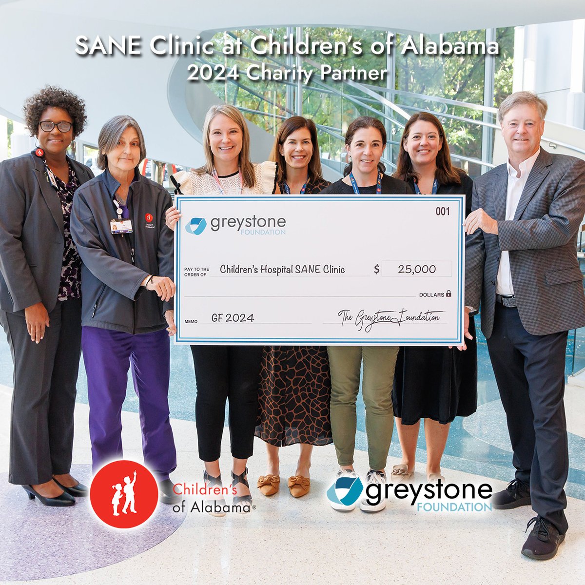 GreystoneFNDN's tweet photo. The Greystone Foundation present a $25,000 check to the SANE Clinic at Children’s of Alabama as one of our 2024 Charity Partners!
According to Molly Parkhurst with Children’s of Alabama, “This donation is the largest that the program has received!" https://t.co/RPp8hacd2D