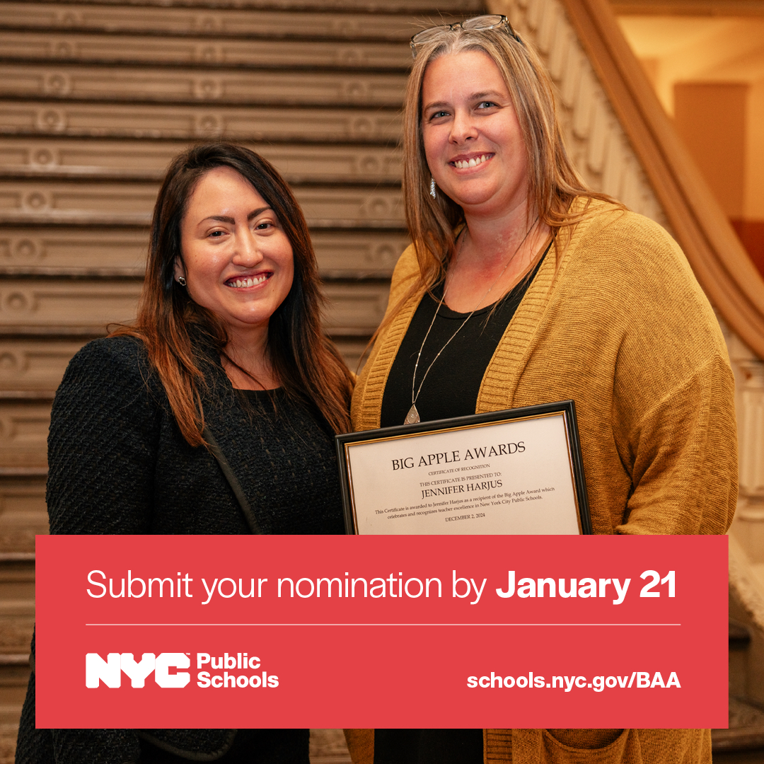 Teachers change lives.

Through the #BigAppleAwards, we’re celebrating teachers who go above and beyond to inspire students, model equitable practices, and enrich their school communities.

Nominate a teacher by January 21, 2025! 

schools.nyc.gov/big-apple-awar…