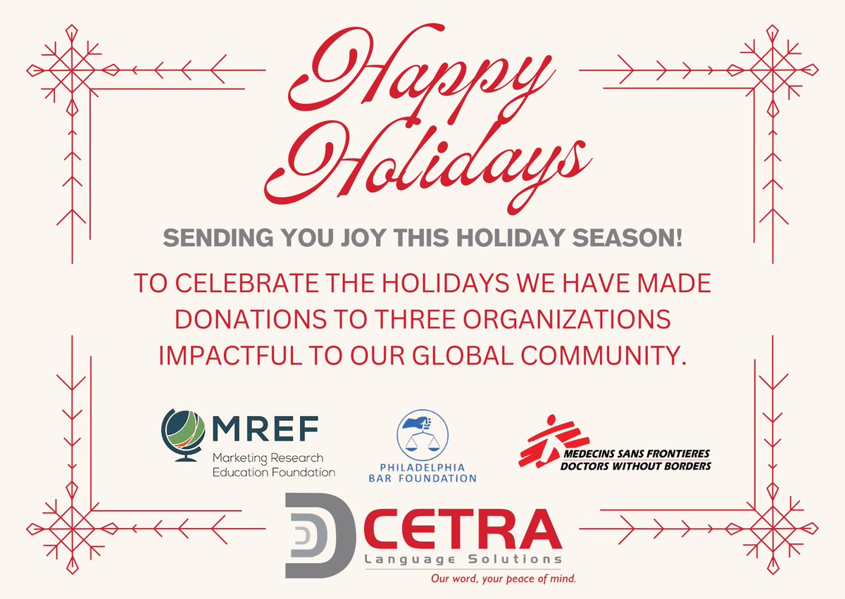 cetrainc's tweet image. Happy Holidays! To celebrate, we made donations to @MSF_USA @PhilaBarFdn and the Market Research Education Foundation, three organizations impactful to our global community. #xl8 #1nt #l10n