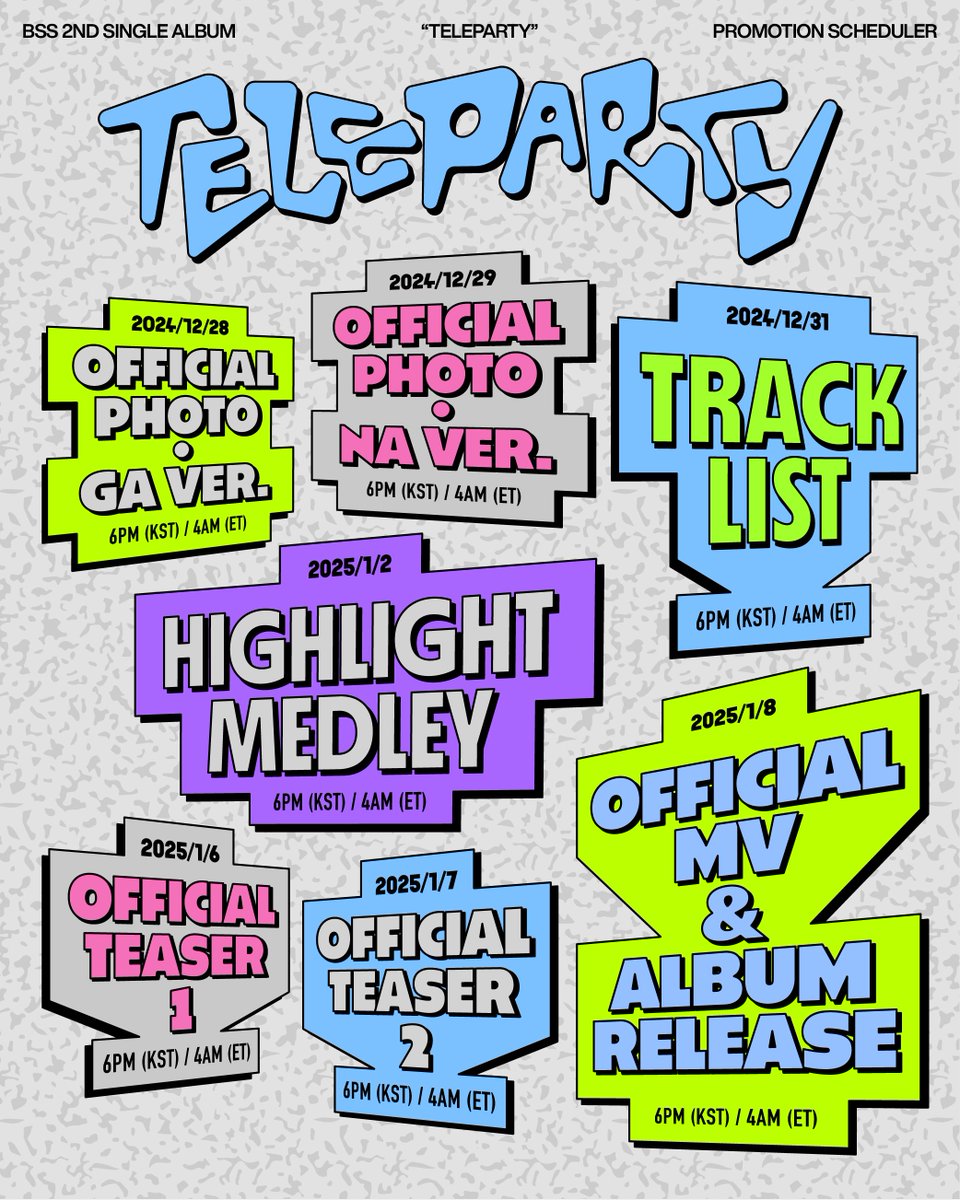부석순 2nd Single Album ‘𝙏𝙀𝙇𝙀𝙋𝘼𝙍𝙏𝙔’

🎙️ Promotion Scheduler

2025.01.08 6PM (KST) / 4AM (ET)

#부석순 #BSS
#BSS_TELEPARTY