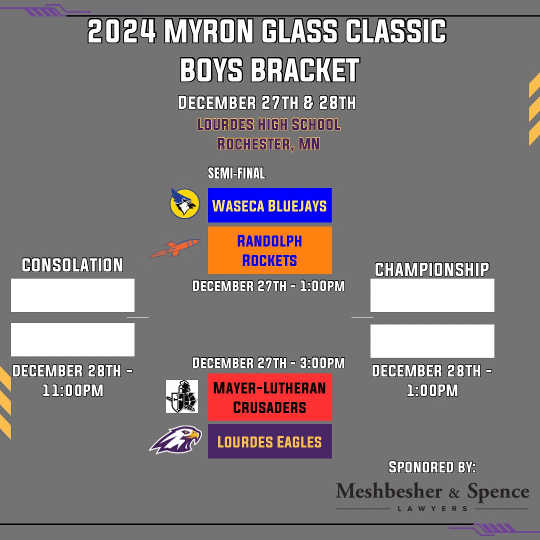 We are 1️⃣ day away from the 2024 Boys Myron Glass Classic! Check out the opening round matchups. 

<a href="/WasecaBoysHoops/">Waseca Boys Hoops</a> 
<a href="/RocketsBBB/">Randolph Rocket Boy’s Basketball</a> 
<a href="/gomayerlutheran/">Mayer Lutheran Activities</a> 

All games can be live streamed here ⬇️
fan.hudl.com/usa/mn/rochest…