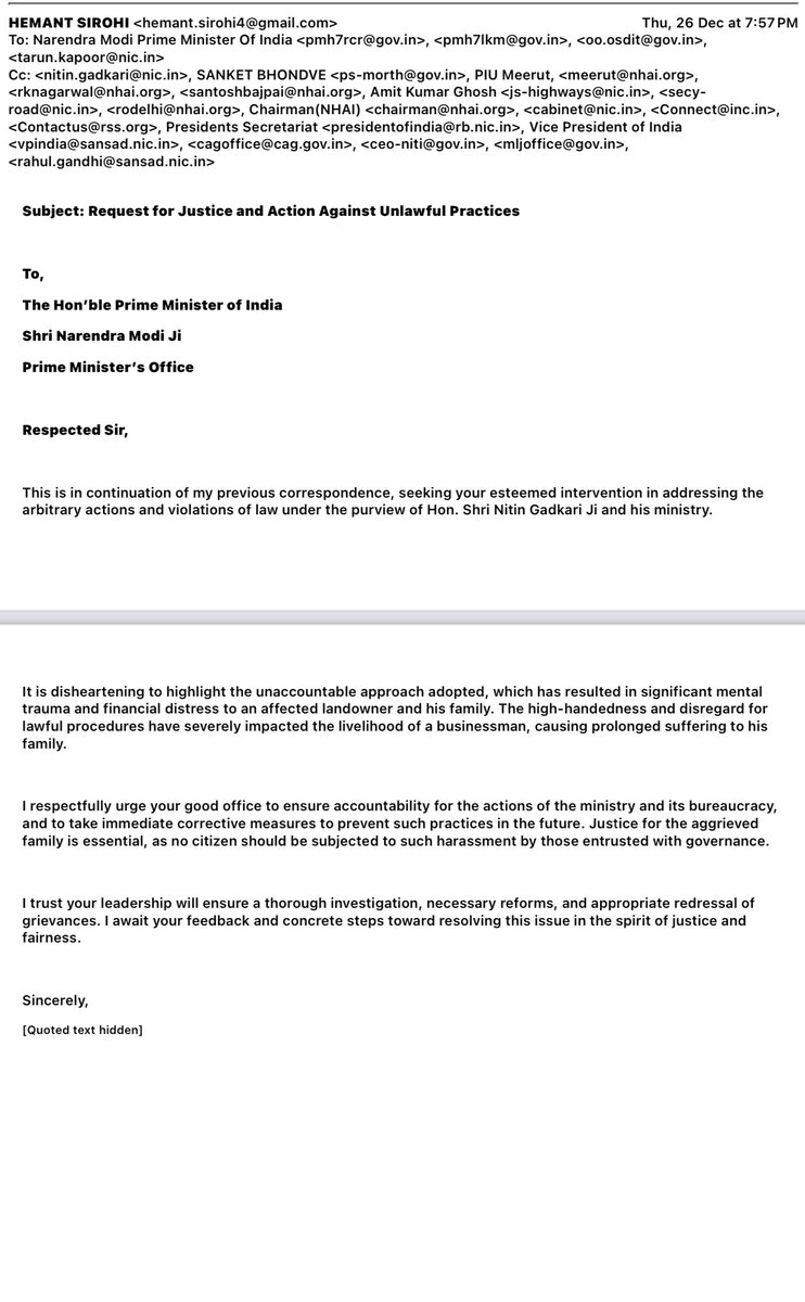 “Seeking Hon’ble PM <a href="/narendramodi/">Narendra Modi</a> Ji’s intervention on arbitrary actions &amp; legal violations under Hon. <a href="/nitin_gadkari/">Nitin Gadkari</a> Ji’s ministry(Leadership Failure), causing mental trauma &amp; financial distress to an affected landowner &amp; his family. Accountability &amp; justice are urgently needed.