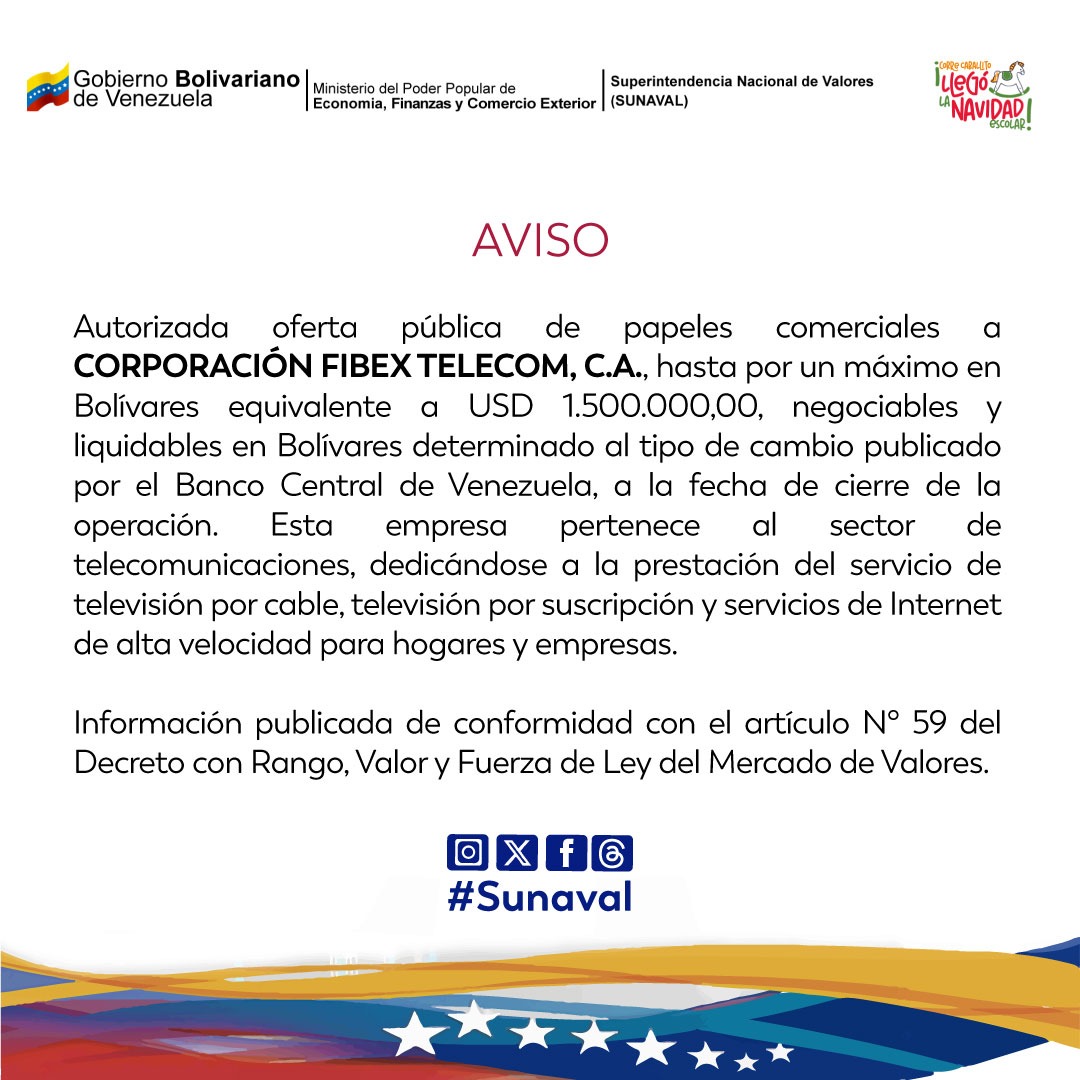 Autorizada la #OfertaPublica de papeles comerciales a CORPORACIÓN FIBEX TELECOM, C.A.

Esta es una empresa que opera en el sector de Telecomunicaciones.

#Sunaval #MercadoDeValores #Economia #Inversion #Acciones #Produccion #RentaFija