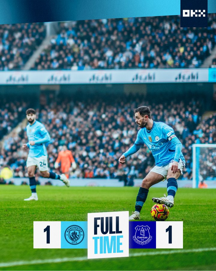 🚨 مانشستر سيتي <a href="/ManCity/">Manchester City</a>  التعثر ويكتفي بالتعادل 1 - 1 فوق ميدانه وأمام جماهيره ضد إيفرتون في الدوري الإنجليزي الممتاز<a href="/premierleague/">Premier League</a>