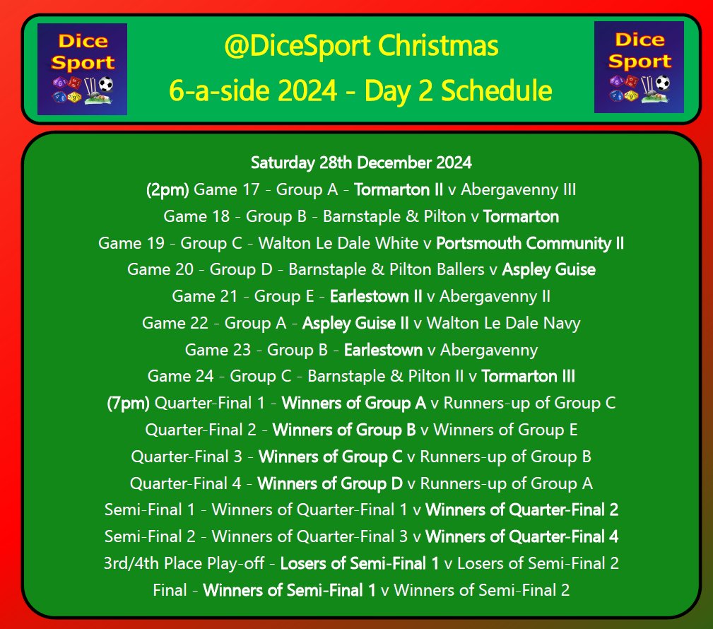 Full list of fixtures for the 2024 Christmas 6-a-side!